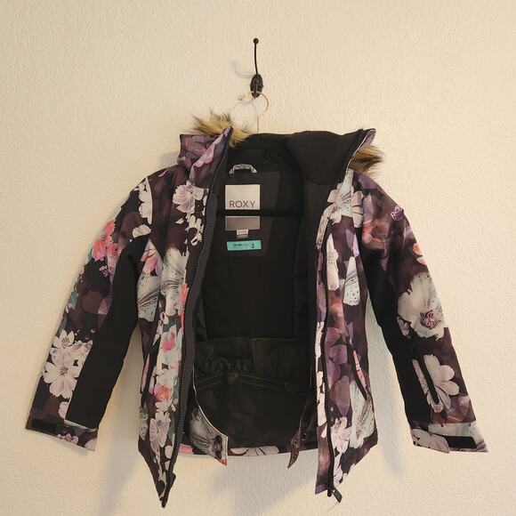 Roxy Girls Size 14/XL Floral Black Faux Fur‎ Snow Jacket NWT - Picture 2 of 6